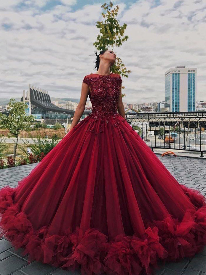 Ball Gown Prom Dresses Scoop Long Beading Chic Luxury Big Burgundy Pro – Anna PromDress