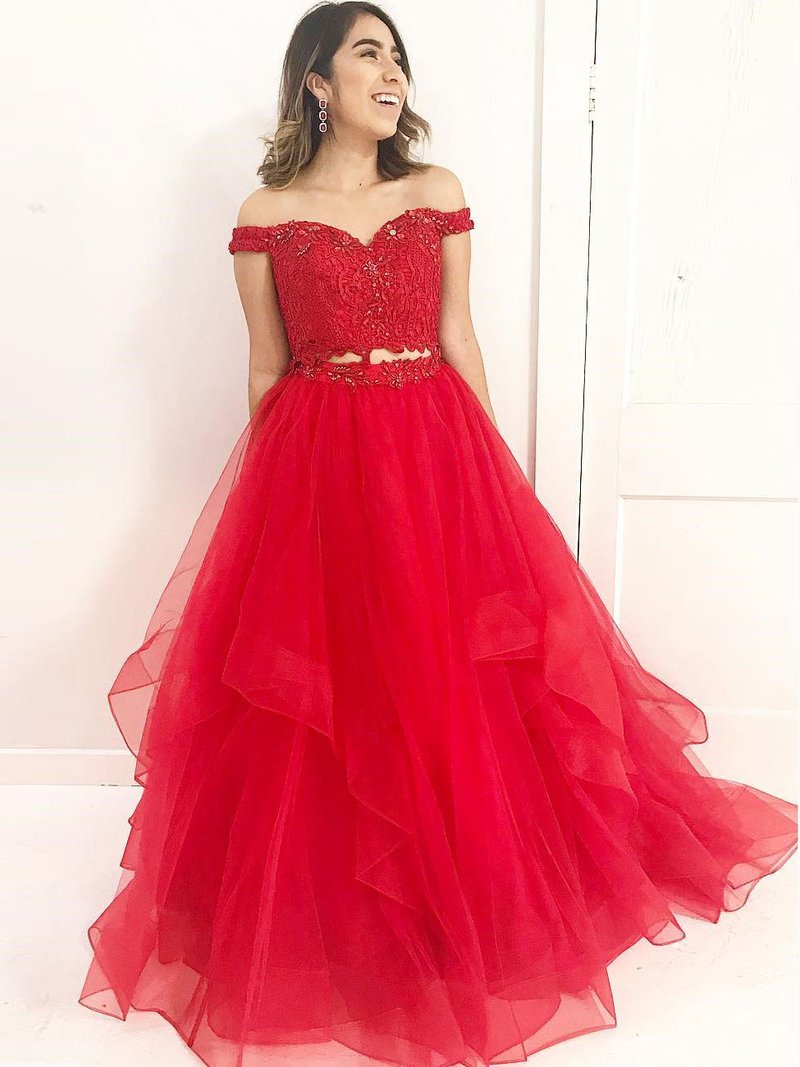 Two Piece Prom Dresses Off-the-shoulder A line Long Red Prom Dress JKL996|Annapromdress