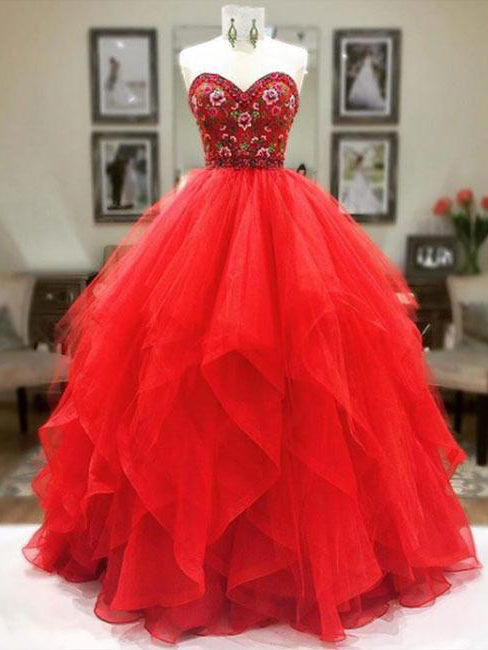 Ball Gown Prom Dresses Sweetheart Embroidery Floor-length Red Prom Dress JKL998|Annapromdress