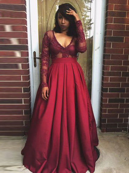 Chic Plus Size Prom Dresses V-neck Satin Burgundy Long Sleeve Prom Dress JKP005