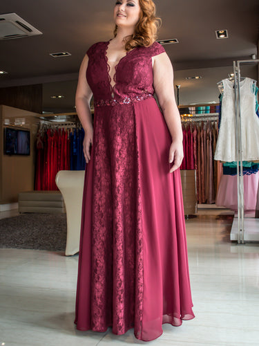 Burgundy Plus Size Prom Dresses V-neck Sexy Lace Long Prom Dress JKP014