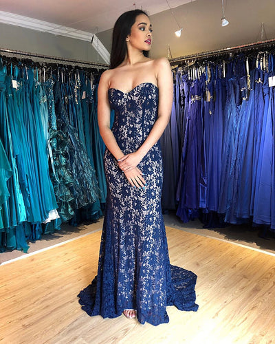 Sweetheart Lace Mermaid Prom Dress Sweep Train JKR306|Annapromdress