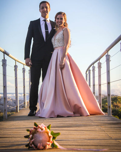 Sexy Deep V-Neck Beaded Bodice A-Line Blush Prom Evening Dress JKR313|Annapromdress