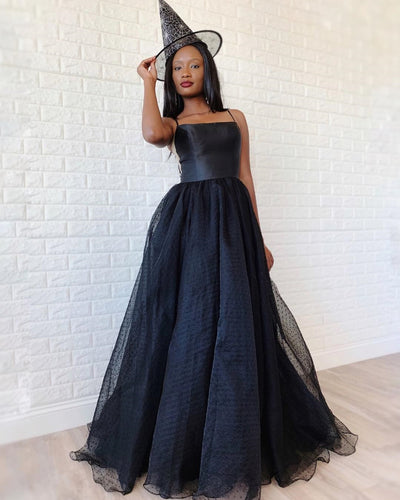 A-Line Dark Navy Tulle Spaghetti Straps Scoop Prom Evening Dress JKR321|Annapromdress