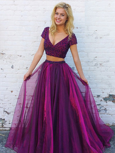 Two Pieces Prom Dresses Sexy V-neck Long Prom Dress/Evening Dress JKS079