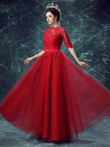 Lace Prom Dresses Scoop A-line Floor-length Half Sleeve Tulle Chic Prom Dress/Evening Dress JKS153