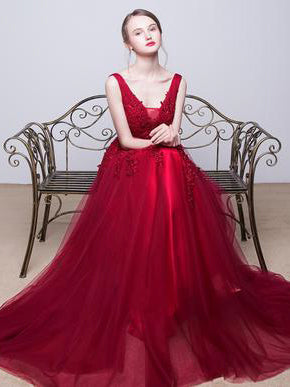 Long Prom Dresses A-line Appliques Burgundy Silver Sexy Prom Dress/Evening Dress JKS193