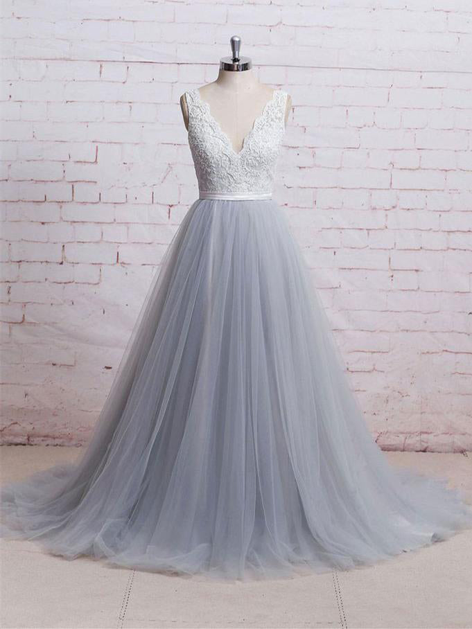 Sexy Wedding Dresses V-neck Beading A-line Sweep/Brush Train Lace Bridal Gown JKS222