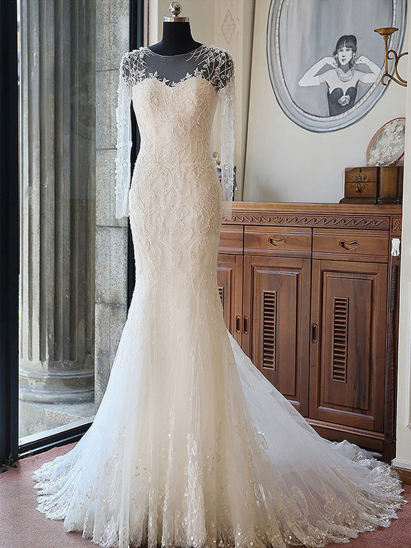 Chic Wedding Dresses Scoop Trumpet/Mermaid Delicate Sexy Tulle Bridal Gown JKS229
