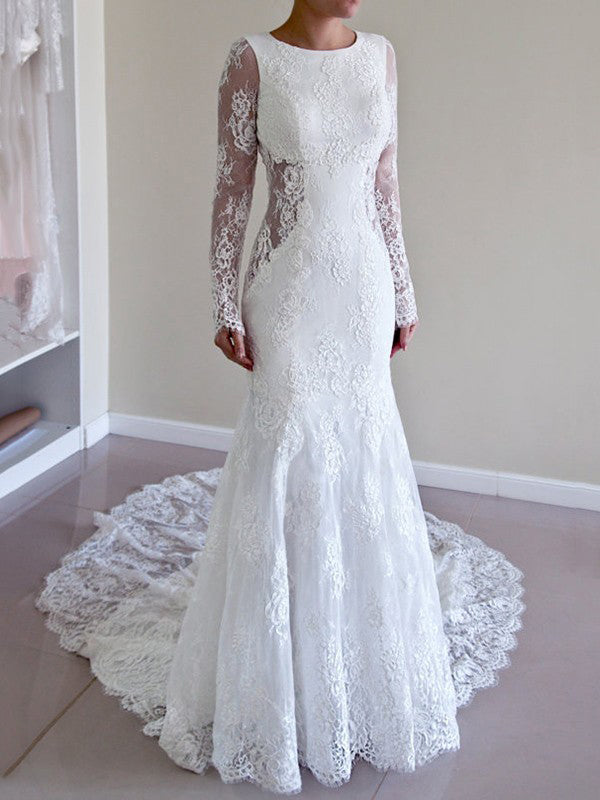 Sexy Wedding Dresses Scoop Backless Sweep Train Ivory Lace Mermaid Bridal Gown JKS279