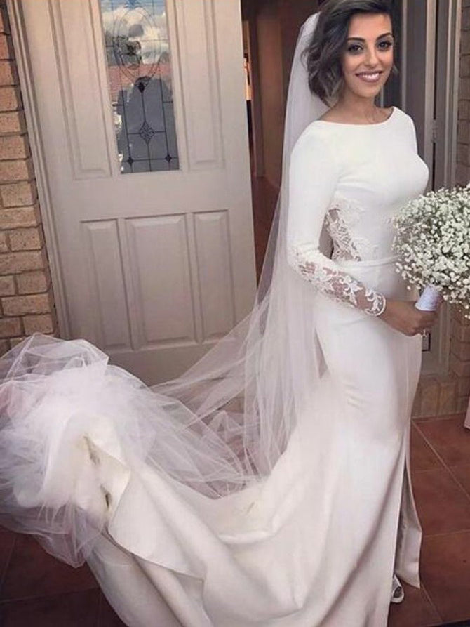 Long Sleeve Wedding Dresses Mermaid Brush Train Backless Sexy Slit Bridal Gown JKS280