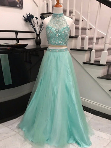 Two Piece Prom Dresses Halter A-line Floor-length Rhinestone Long Prom Dress JKS296