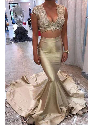 Two Piece Prom Dresses V-neck Sweep Train Long Mermaid Prom Dress Sexy Evening Dress JKS301