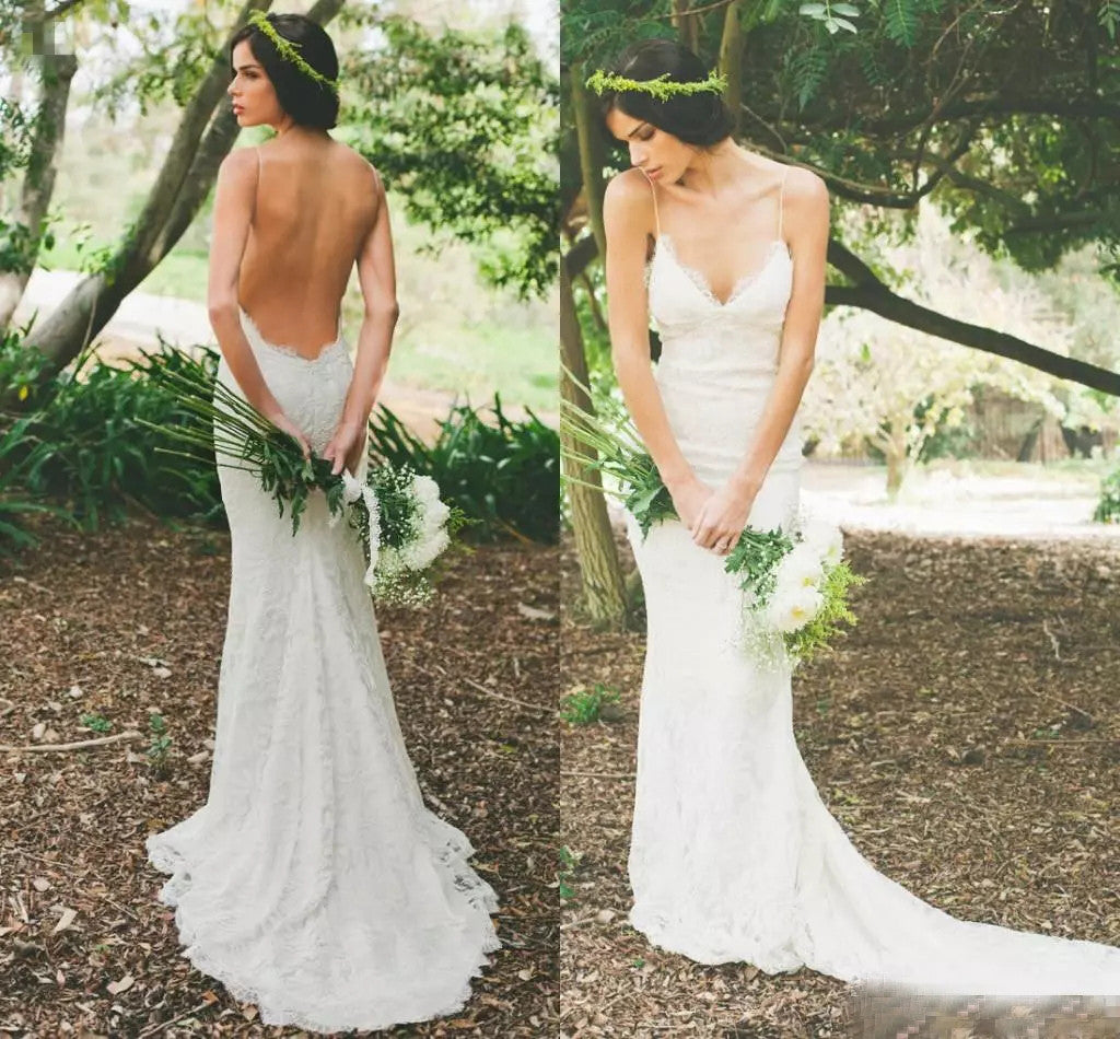 Spaghetti Straps Ivory Long Wedding Dress with Criss Back WD210
