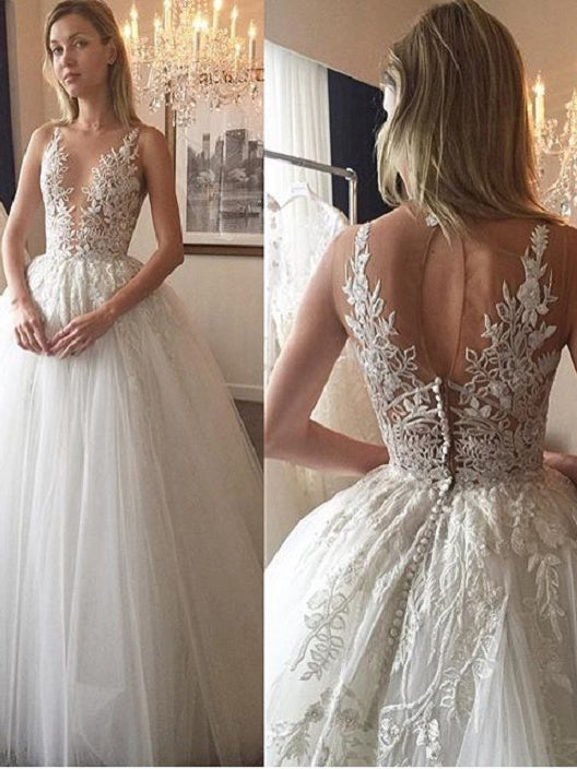 Ivory Wedding Dresses Floor-length Appliques Tulle Bridal Gown JKW039
