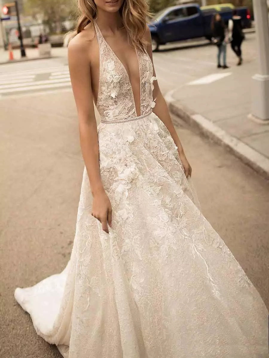 Sexy Wedding Dresses Halter Backless Sweep/Brush Train Bridal Gown JKW069