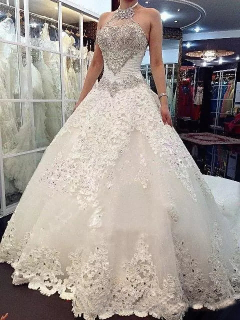 Luxury Wedding Dresses Halter Sexy Lace-up Sweep/Brush Train Bridal Gown JKW070
