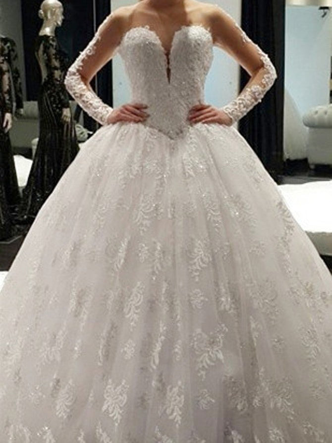 Romantic Wedding Dresses Long Sleeve Sweep/Brush Train Tulle Bridal Gown JKW090