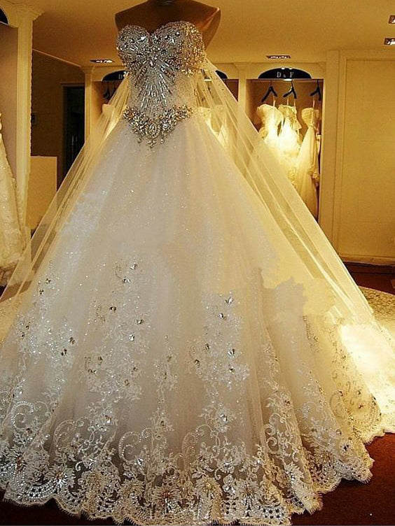 Luxury Wedding Dresses Rhinestone Sweep/Brush Train Tulle Bridal Gown JKW095