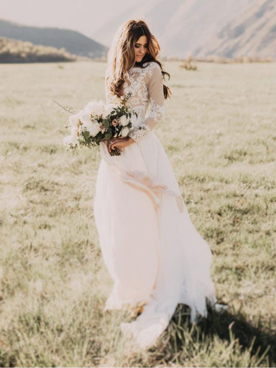 Chic Wedding Dresses Ivory Long Sleeve Floor-length Tulle Bridal Gown JKW097|Annapromdress