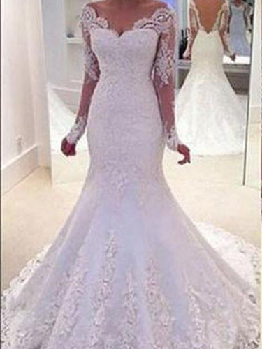 Sexy Wedding Dresses V-neck Trumpet/Mermaid Appliques Tulle Bridal Gown JKW098