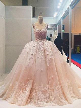 Luxury Wedding Dresses Pearl Pink Ball Gown Sweep/Brush Train Bridal Gown JKW104