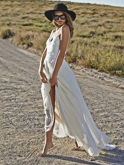 Sexy Wedding Dresses Spaghetti Straps A-line Short Train Chiffon Bridal Gown JKW116