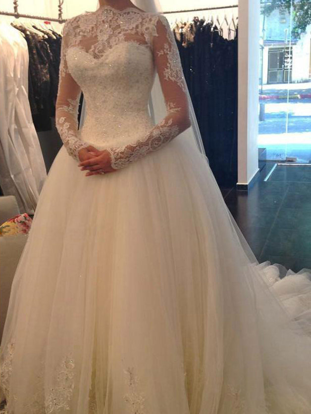 Chic Wedding Dresses Ball Gown Long Sleeve Sweep/Brush Train Bridal Gown JKW117