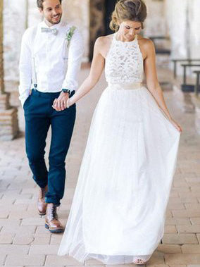 Beautiful Wedding Dresses Halter A-line Floor-length Tulle Lace Bridal Gown JKW120