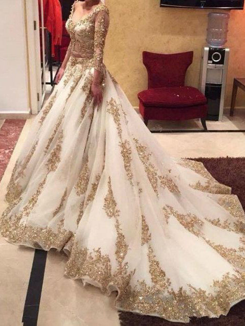 Two Piece Wedding Dresses Ball Gown V-neck Long Sleeve Sexy Bridal Gown JKW143
