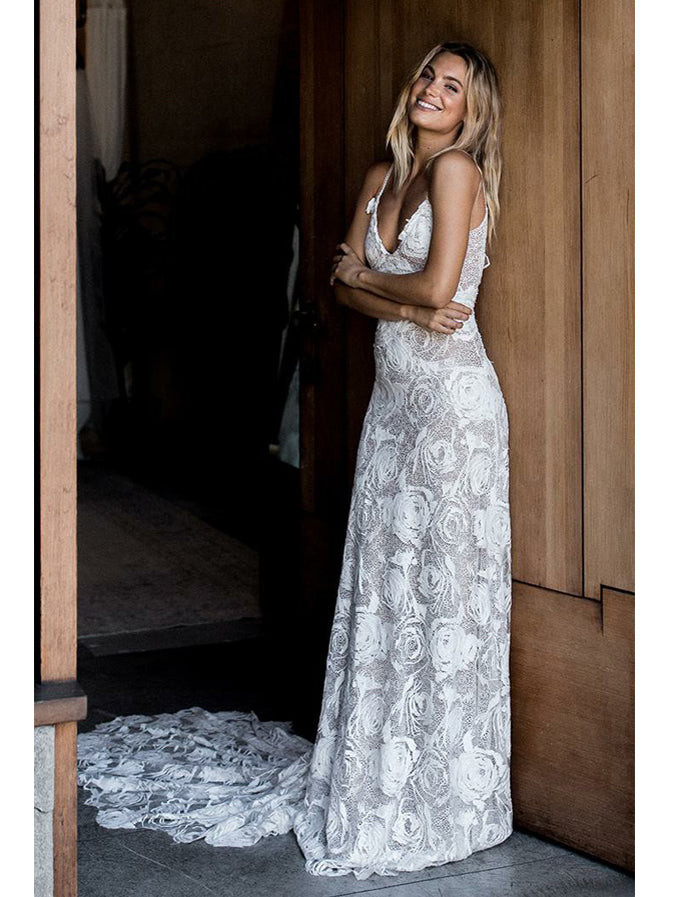 Sexy Wedding Dresses Sheath Column Sweep Train Rose Lace Chic Bridal Gown JKW146|Annapromdress