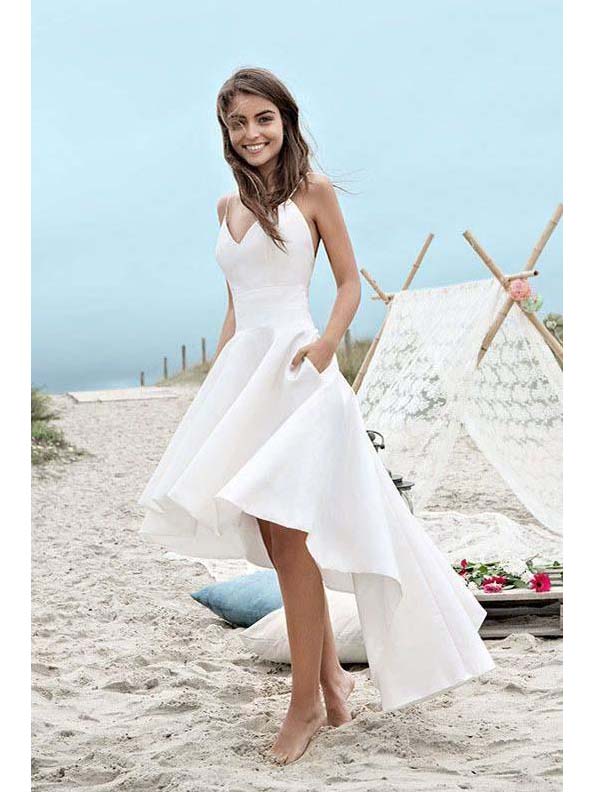 High Low Wedding Dresses Spaghetti Straps Asymmetrical Sexy Bridal Gown JKW152