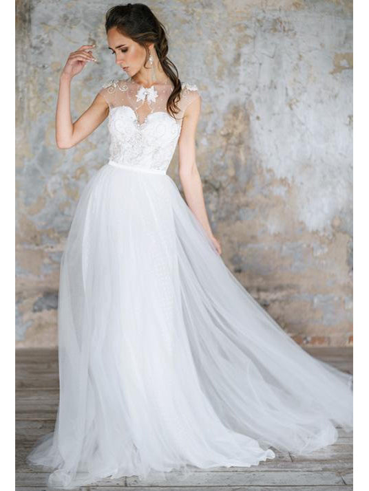 Chic Wedding Dresses A-line Scoop Rhinestone Short Train Tulle Bridal Gown JKW153