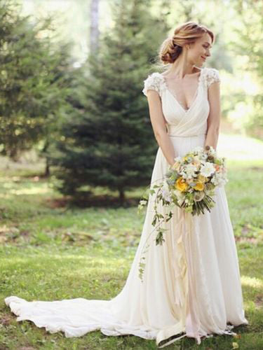 Cheap Wedding Dresses V-neck Brush Train V-neck Chiffon Sexy Lace Bridal Gown JKW166