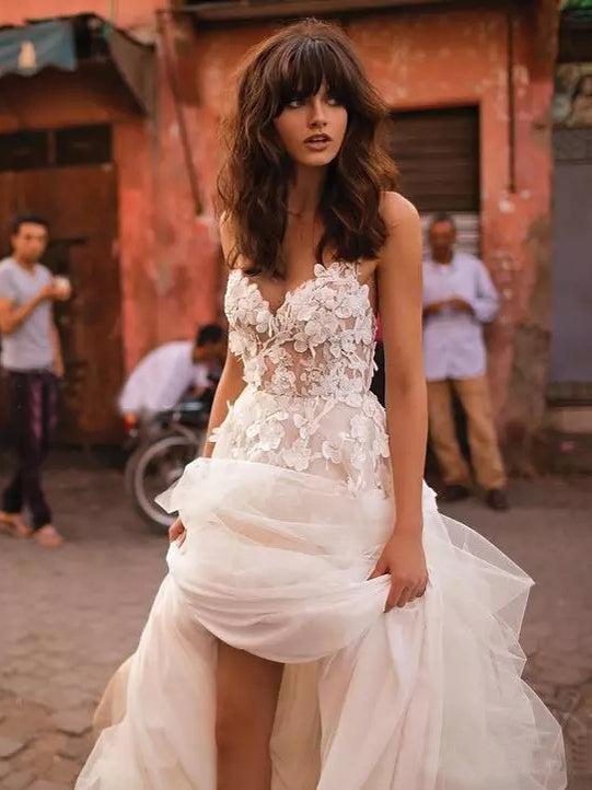 Cheap Wedding Dresses with Straps A-line Backless Brush Train Tulle Long Bridal Gown JKW178|Annapromdress