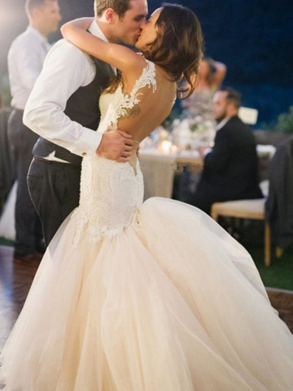 Mermaid Wedding Dresses Trumpet Long Train Romantic Lace Sexy Big Bridal Gown JKW206|Annapromdress