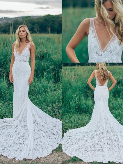 Beach Wedding Dresses Mermaid Straps V-neck Sweep Train Lace Sexy Bridal Gown JKW214|Annapromdress
