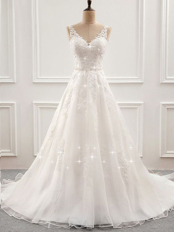 Open Back Wedding Dresses Long Train Romantic Appliques Simple Bridal Gown JKW218|Annapromdress