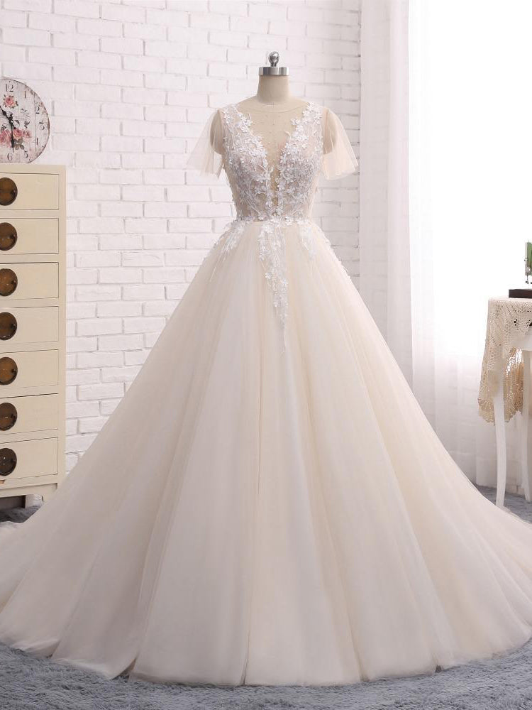 Ball Gown Wedding Dresses Romantic Long Train Short Sleeve Lace Big Bridal Gown JKW219|Annapromdress
