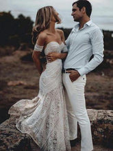 Romantic Wedding Dresses Off-the-shoulder Sweep Train Lace Simple Beach Bridal Gown JKW240|Annapromdress