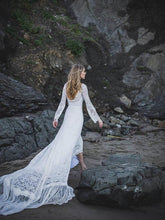Open Back Wedding Dresses Long Sleeve Long Train Romantic Lace Beach Bridal Gown JKW241|Annapromdress