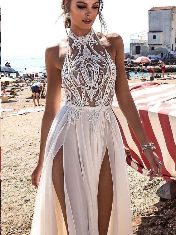 Simple Wedding Dresses with Slit A Line Floor-length Appliques Halter Sexy Bridal Gown JKW248|Annapromdress