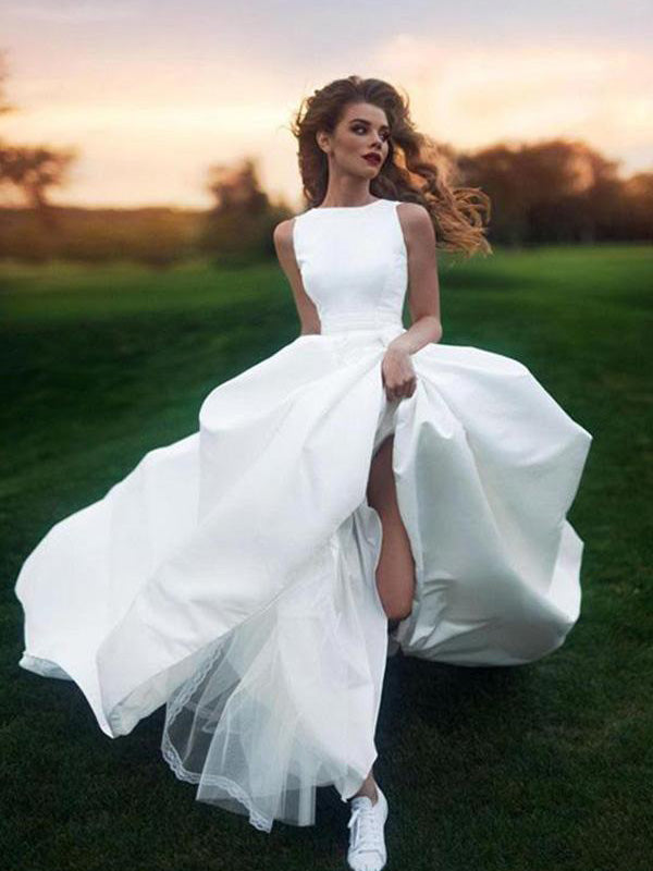 Cheap Wedding Dresses Scoop Romantic A-line Long Train Simple Satin Bridal Gown JKW249|Annapromdress