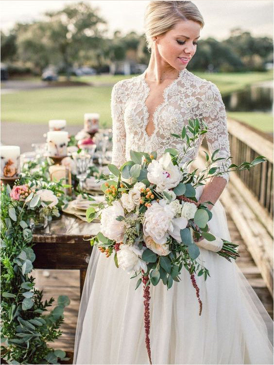 Beautiful Wedding Dresses V-neck Sweep Train Ivory Lace Tulle Romantic Bridal Gown JKW250|Annapromdress
