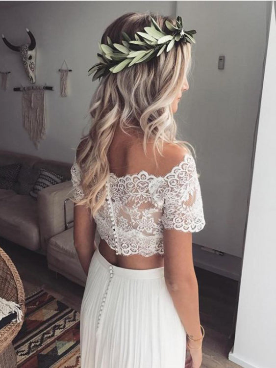 Two Piece Wedding Dresses Off-the-shoulder Lace Short Sleeve Chiffon Simple Bridal Gown JKW254|Annapromdress