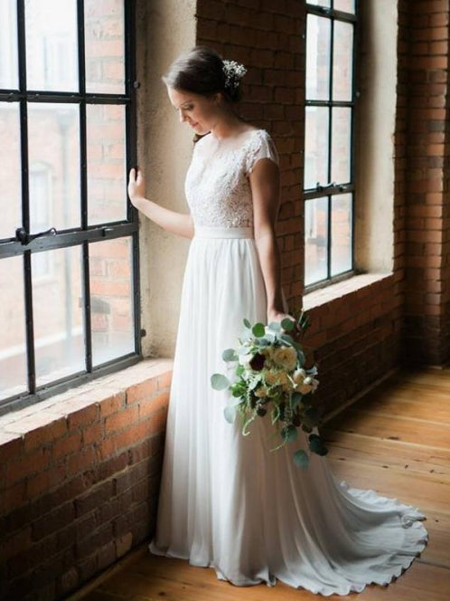Simple Cheap Wedding Dresses Scoop Short Train Romantic Chiffon Open Back Bridal Gown JKW257|Annapromdress