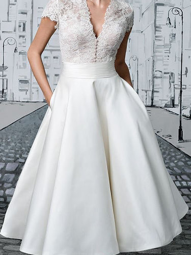 Short Wedding Dresses V-neck Lace Tea-length Ivory Simple Vintage Bridal Gown JKW258|Annapromdress