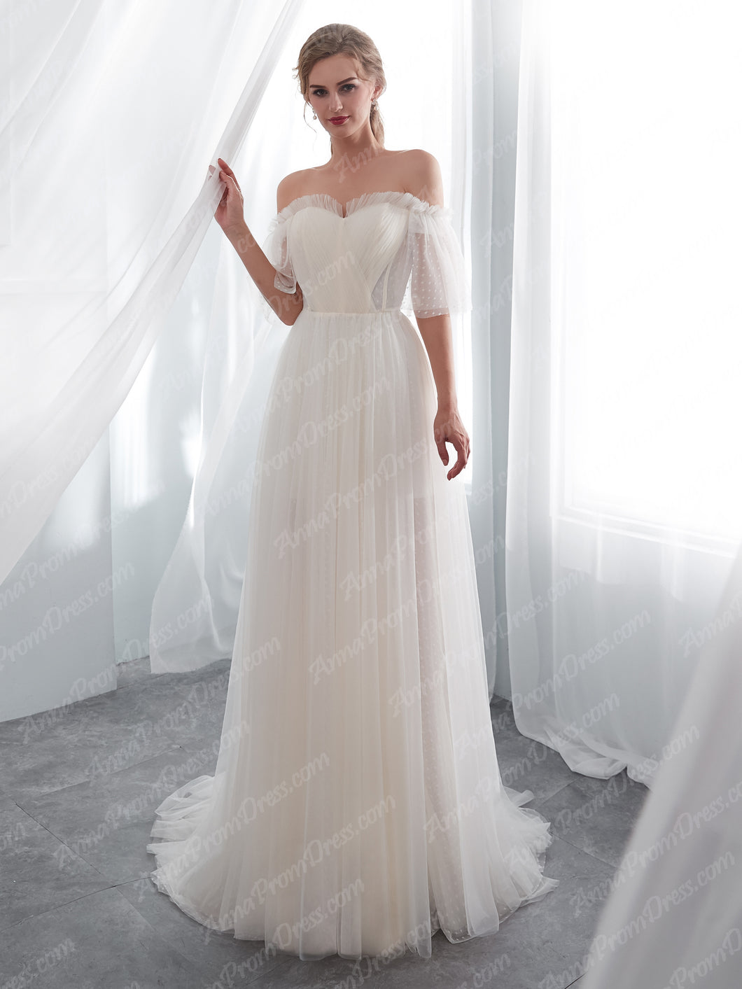 Half Sleeve Wedding Dresses A-line Short Train Elegant Simple Romatic Lace Bridal Gown JKW259|Annapromdress