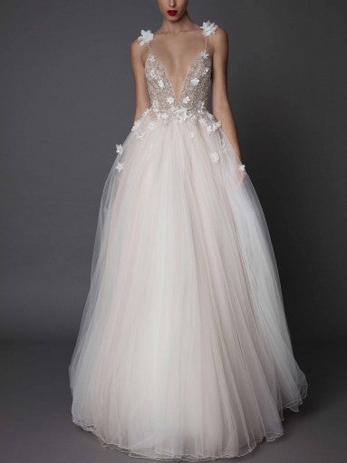 Backless Wedding Dresses A-line Hand-Made Flower Tulle Simple Open Back Bridal Gown JKW264|Annapromdress