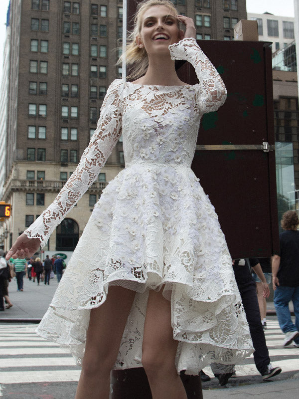 High Low Wedding Dresses Bateau A-line Beautiful Floral Lace Long Sleeve Bridal Gown JKW273|Annapromdress
